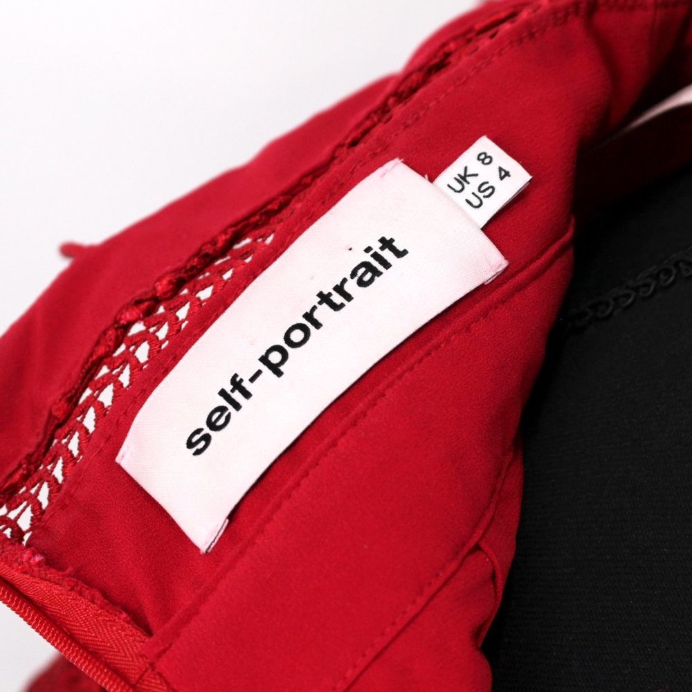 Self-Portrait Raspberry Red Floral Lace Midi Dress Ruffle Sleeveless 4 Small - Picture 8 of 9